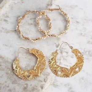2 Pairs Gold Hoop Earrings Pearl & Mandala